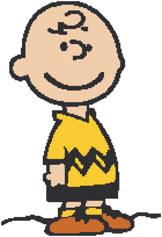 Cartoon character in a yellow shirt with a question mark on a white background